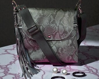 Black and gray metallic faux leather crossbody/handbag/shoulder bag