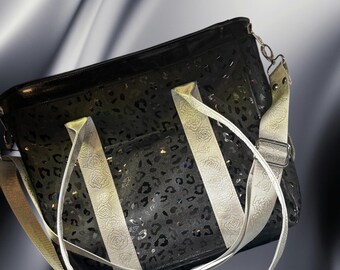 Large black animal print  faux leather tote bag. crossbody/shoulder bag. Pattern by Lauren Mormeno.
