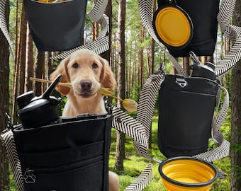 Water bottle carrier. Waterproof Canvas. Can hold a VERY LARGE water bottle, Exterior zipper pocket to hold dog poop bags, dog water bowl.