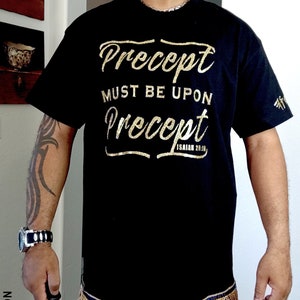 Hebrew Israelite T Shirt with Fringes, Precept Upon Precept, Gold Graphic, Gold Fringes, X Nation Brand, 12 Tribes Garments