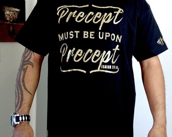 Hebrew Israelite T Shirt with Fringes, Precept Upon Precept, Gold Graphic, Gold Fringes, X Nation Brand, 12 Tribes Garments