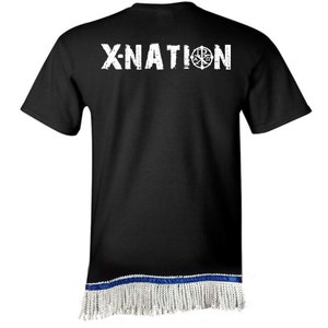 May include: Black t-shirt with white distressed text "X-NATION" and a circular emblem. The bottom hem features a blue band with white fringe.