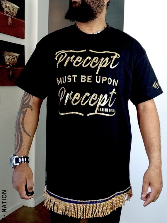 Hebrew Israelite T Shirt With Fringes, Precept Upon Precept, Gold Graphic,  Gold Fringes, X Nation Brand, 12 Tribes Garments 