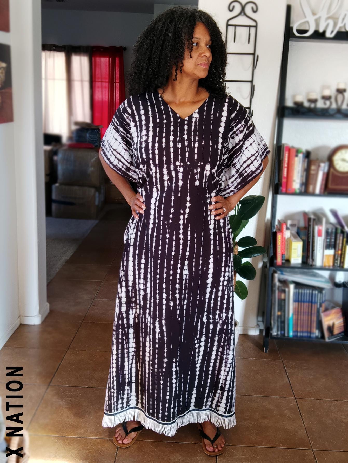 Hebrew Israelite Women's Black & White Stripes Kaftan Dress, with White Fringes, X Nation, 12 Tribes of Israel