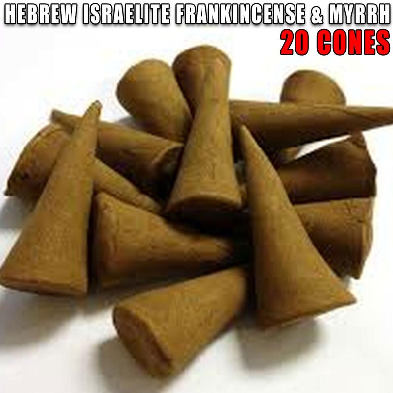 K&ouml;nnte beinhalten: Ein Haufen von 20 braunen R&auml;ucherkegeln mit dem Text "HEBREW ISRAELITE FRANKINCENSE & MYRRH 20 CONES" auf wei&szlig;em Hintergrund.