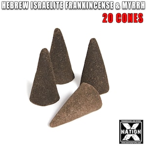 K&ouml;nnte beinhalten: Nahaufnahme von vier braunen R&auml;ucherkegeln mit dem Text "HEBREW ISRAELITE FRANKINCENSE & MYRRH 20 CONES" dar&uuml;ber.