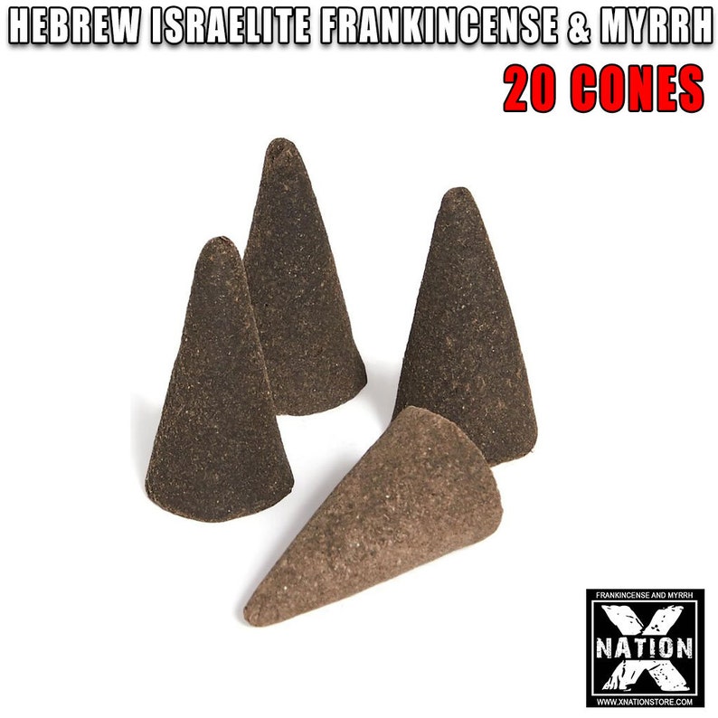 K&ouml;nnte beinhalten: Nahaufnahme von vier braunen R&auml;ucherkegeln mit dem Text "HEBREW ISRAELITE FRANKINCENSE & MYRRH 20 CONES" dar&uuml;ber.