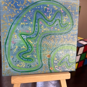 Puede incluir: Una pequeña pintura sobre lienzo azul con un diseño abstracto verde, blanco y dorado. La pintura está sobre un pequeño caballete de madera.