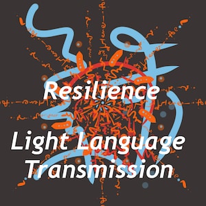 Può includere: Opera d'arte digitale astratta su sfondo grigio scuro. L'opera presenta la parola "Resilience" in bianco, con "Light Language Transmission" sotto. Il design include forme e motivi astratti blu e arancioni.