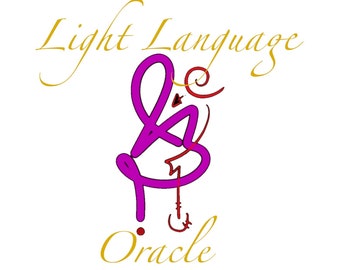 Puede incluir: Un símbolo abstracto morado y rojo con el texto "Light Language Oracle" en letra cursiva dorada.
