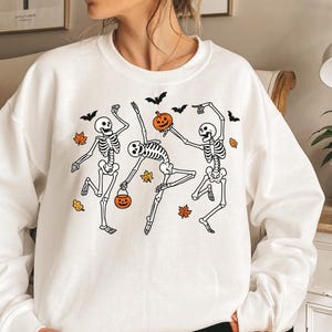 Dancing Skeletons Halloween Sweatshirt, Funny Cute Spooky Fall Shirt, Skeleton Pumpkin Ghost Shirt, Halloween Cozy Crewneck