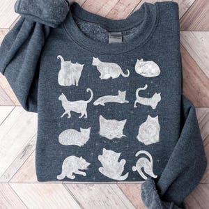 Vintage Cats Sweatshirt, Sketch Cat Poses Crewneck, Cozy Pet Lover Pullover, Cat Mom Gift, Retro Graphic, Oversized Unisex