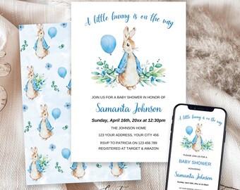 Invitation baby shower Peter Rabbit modifiable | Aquarelle Peter Rabbit pour chambre d'enfant | de Pierre lapin floral bleu canevas | PRBSI59