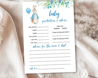 Peter Rabbit Baby Shower Predictions and Advice Card Template, Nursery Little Bunny Baby Shower, Custom Boy Baby Shower Game Card, PRBSI59