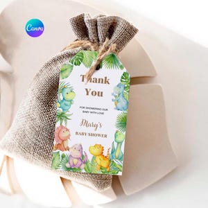 Etiquetas de regalo de dinosaurio bebé / Etiqueta de agradecimiento imprimible para baby shower / Etiqueta de regalo editable / Dinosaurio bebé acuarela / Descarga instantánea para guardería