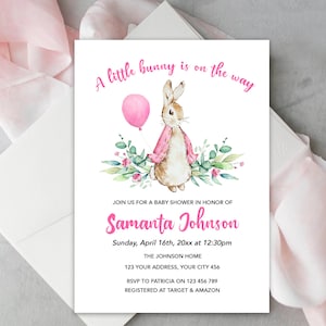 Editable Peter Rabbit Baby Shower Invitation | Watercolor Peter Rabbit nursery | Girl Pink Floral Peter Rabbit Instant Download Template