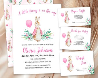 May include: A baby shower invitation set featuring a watercolor bunny in a pink jacket with a pink balloon and green foliage. The text includes A little bunny is on the way, Olivia Johnson, Diaper Raffle, Books for Baby, and thank you.