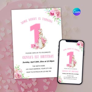 Peter Rabbit First Birthday Girls Invitation | Watercolor Pink Flopsy Rabbit | Editable Birthday Invite | cute bunny | Nursery Invitation