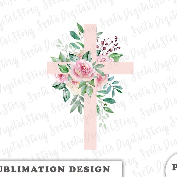 Floral cross Png clipart | Religious easter png | Baptism pink cross | Watercolor Cross sublimation png | First Communion baby design png