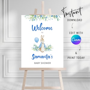 Peter Rabbit Baby Shower Welcome Sign Editable | Watercolor Peter Rabbit Nursery | Boy Blue Peter Rabbit Instant Download Template Canva