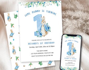 Peter Rabbit First Birthday Invitation | Watercolor Peter Rabbit Card | Editable Birthday Invite Template Canva | Nursery Birthday Card