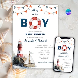 Invito per baby shower "Ahoy It's a Boy" in blu / Baby shower nautico per bambino / Faro acquerello / Invito mobile per baby shower con barca per bambini