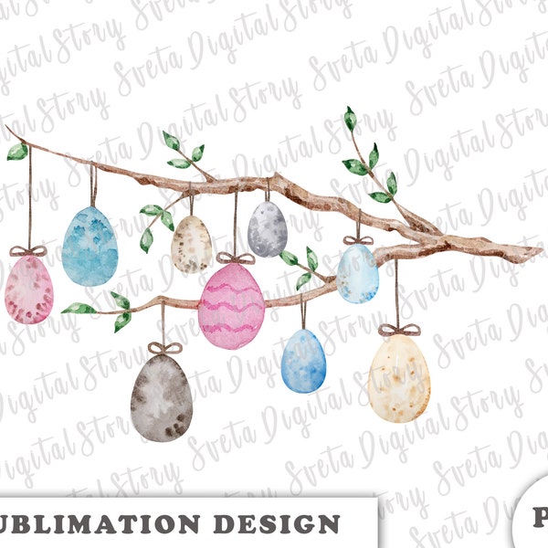 Easter Eggs Clipart Png | watercolor eggs garland | Spring PNG | Happy Easter sublimation design | easter eggs and spring branch invitation