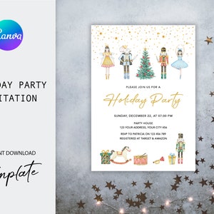 Convite editável para festa de fim de ano do Quebra-Nozes | Cartão de berçário do Quebra-Nozes em aquarela | Modelo de convite para download instantâneo de Feliz Natal