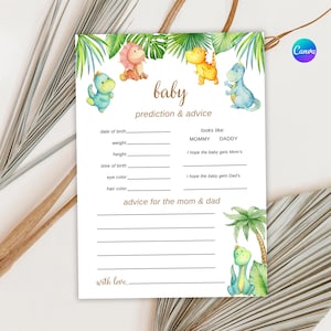 Gepersonaliseerde kaartsjabloon dinosaurus babyshower voorspellingen en advies | Babyshower babyshower dinosaurussen | Gamecard-canva voor jongensbabyshower