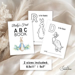 May include: Three white baby learning cards with illustrations of a rabbit and a duck. The first card reads "Baby's First ABC BOOK" with a watercolor illustration of a rabbit. The second card has "R is for Rabbit". The third card has "D is for Duck". Two sizes included: 8.5x11" and 5x7".