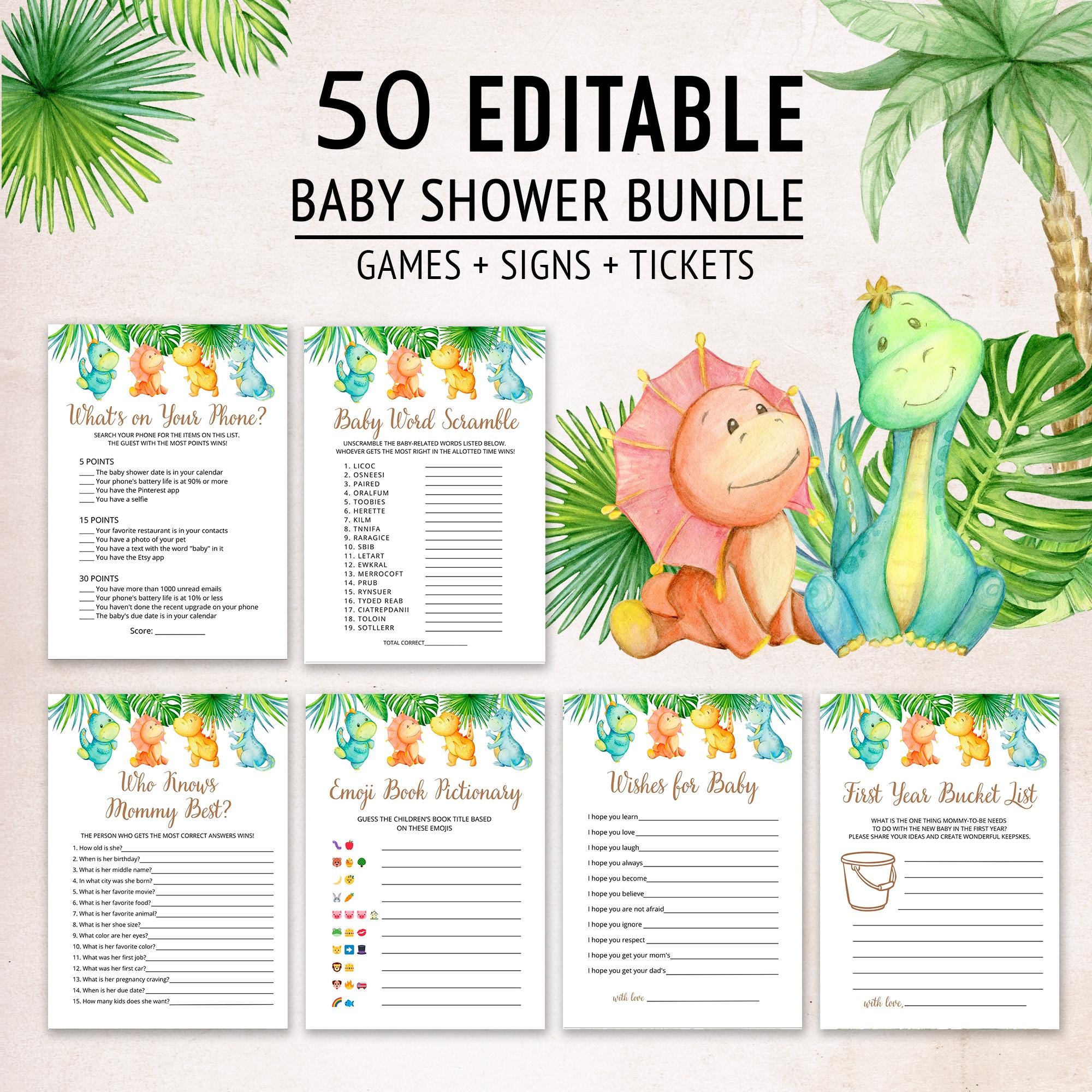 Dinosaur Baby Shower Games Bundle | Watercolor Dinosaur Baby Shower ...