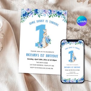 Peter Rabbit First Birthday Invitation | Watercolor Peter Rabbit Card | Editable Birthday Invite | cute bunny | Nursery Birthday Card