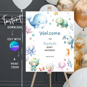 Bearbeitbar Unter dem Meer Babyparty Willkommensschild | Aquarell Ozean Tierkindergarten | Junge Blau Instant Download Vorlage | Gärtnerei Maritim
