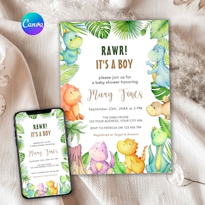 Babyshower babyshower kinderkamer dinosaurussen | Schattige dino-babyshower voor jongen | Rawr It's a Boy Babyshower-uitnodiging | Aquarel babydinosaurussen