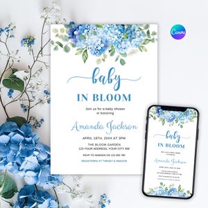 Blue Hydrangea Baby in bloom baby shower invitation | Watercolor Hydrangea Flowers | Nursery Invite | Blue Floral Baby Shower Invitation