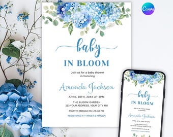 Blue Hydrangea Baby in Bloom Baby Shower Invitation | Watercolor Hydrangea Flowers | Nursery Invite | Blue Floral Baby Shower Invitation