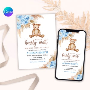 Uitnodiging babyshower | We Can Bearly Wait | Aquarel berenkwekerij | Kaartsjabloon teddybeer | Vintage dier | Blauwe bloemenuitnodiging