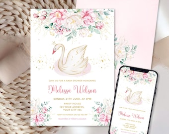 Puede incluir: Una tarjeta de invitación para baby shower y un teléfono inteligente con el mismo diseño, que muestra un cisne blanco con corona dorada, arreglos florales rosas y el texto dorado Join us for a baby shower honoring Melissa Wilson.
