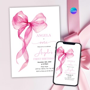 Pink Ribbon Bow First Birthday Invitation Editable | Watercolor Vintage Bow Birthday Invitation Template | Coquette Baby Birthday Invite