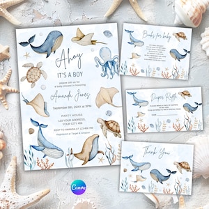 Unter dem Meer Ahoi Es ist ein Junge Blau Babyparty Paket | Wal Babypartyeinladung | Aquarell Ozean Tiere | Kinderzimmer Unterwasser Schildkröte