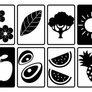 Le primissime Flashcard in bianco e nero del bambino stampabili Scarica in stile Montessori Set di 24 animali, volti, frutti, forme, veicoli, natura