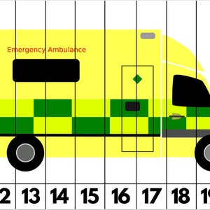 May include: A yellow ambulance with green and yellow checkered markings. The words "Emergency Ambulance" are printed in red on the side of the vehicle.
