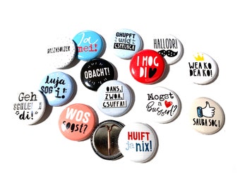 Pinback Buttons mit lustigen bayrischen Sprüchen und Illustrationen