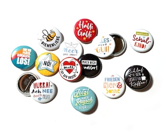 Pinback Buttons mit lustigen Sprüchen und Illustrationen