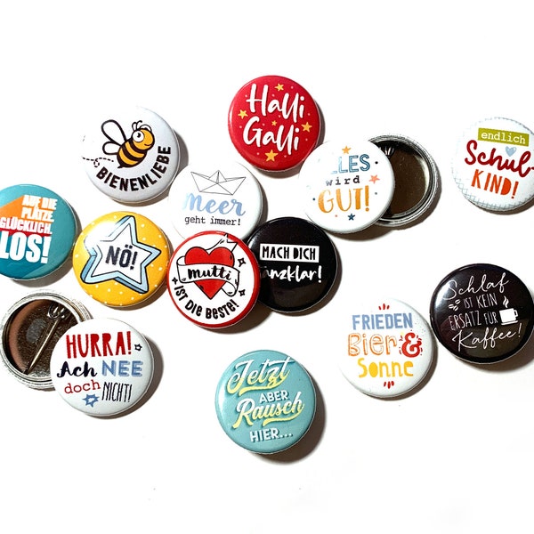 Pinback Buttons mit lustigen Sprüchen und Illustrationen