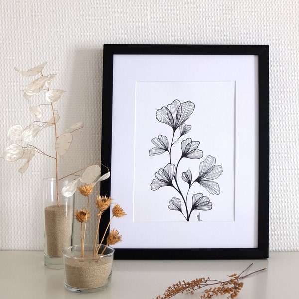 Original illustration "VOLUPTE VEGETALE Blanche"-Collection Plant lines -A4.21x29.7- Artisanal creation -handmade-Wall decoration