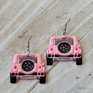 4x4 dangle French wire earrings, off road, polymer clay hand made and hand painted, 35mm (1.37 inch)