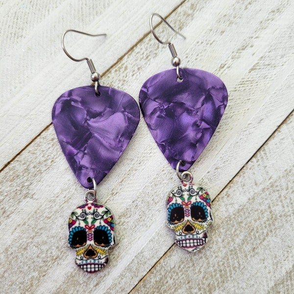 Guitar pick earrings - sugar skulls - day of the dead