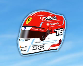 May include: A red and white racing helmet featuring the number 76 and various sponsor logos including UniCredit, Bitdefender, HP, Richard Mille, Riva, ZYN, Vistajet, IBM, V-Power, and BingX, with a dark tinted visor and a Ferrari emblem on the side.