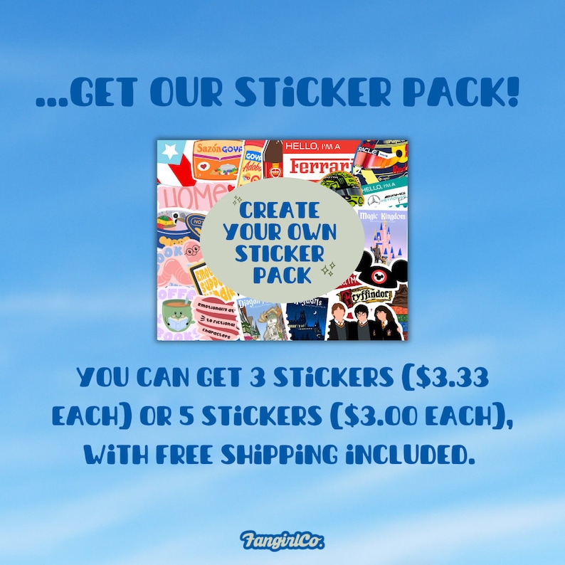 K&ouml;nnte beinhalten: Eine Sammlung verschiedener bunter Aufkleber mit diversen Popkultur-Designs, Logos und Charakteren. Ein zentrales hellgr&uuml;nes Oval enth&auml;lt den Text CREATE YOUR OWN STICKER PACK. Der Text GET OUR STICKER PACK erscheint am oberen Rand.